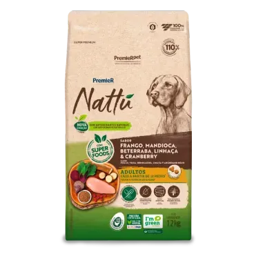 Racao Premier Nattu Caes Adultos Mandioca 12kg frente